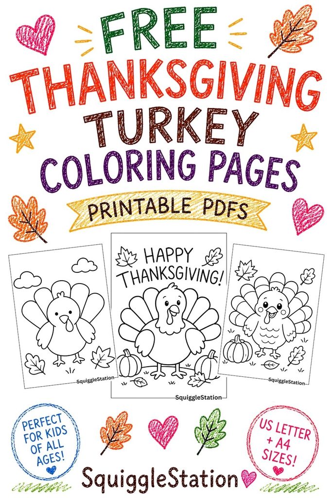 Free Printable Thanksgiving Turkey Coloring Pages (PDFs) 10 Free Thanksgiving turkey coloring pages for kids with cute printable turkey designs in US Letter and A4 sizes.