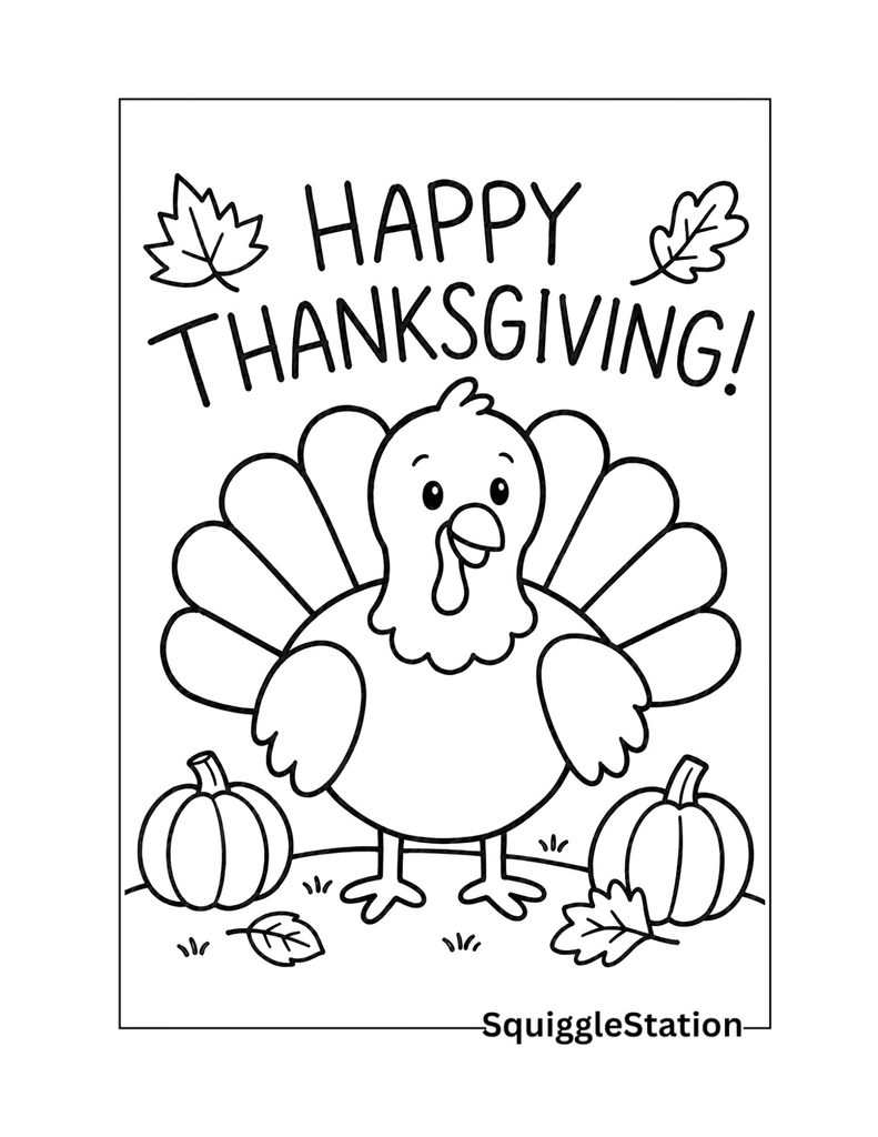 Free Printable Thanksgiving Turkey Coloring Pages (PDFs) 8 Happy Thanksgiving turkey coloring page with a cute turkey, pumpkins, fall leaves, and a holiday greeting.