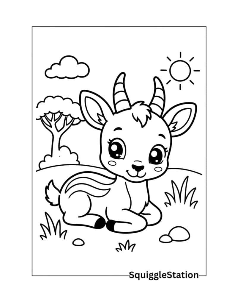 Kawaii antelope coloring page featuring a smiling cute safari animal with big eyes