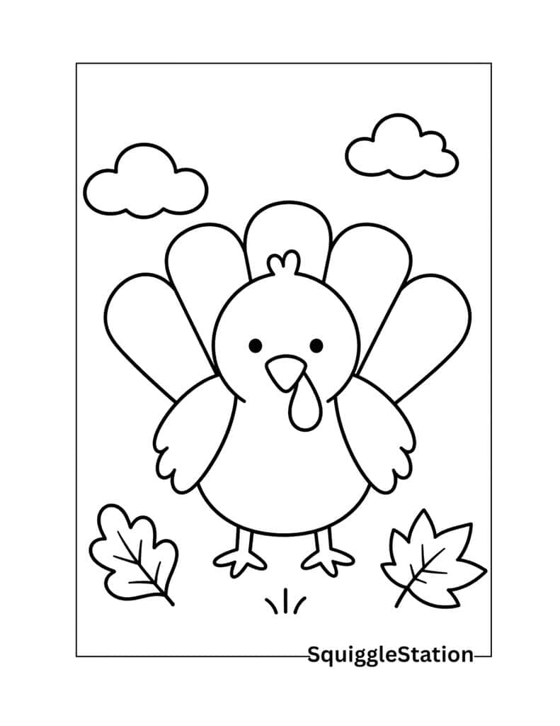 Free Printable Thanksgiving Turkey Coloring Pages (PDFs) 5 Preschool Thanksgiving turkey coloring page with simple shapes, thick outlines, and large coloring spaces.