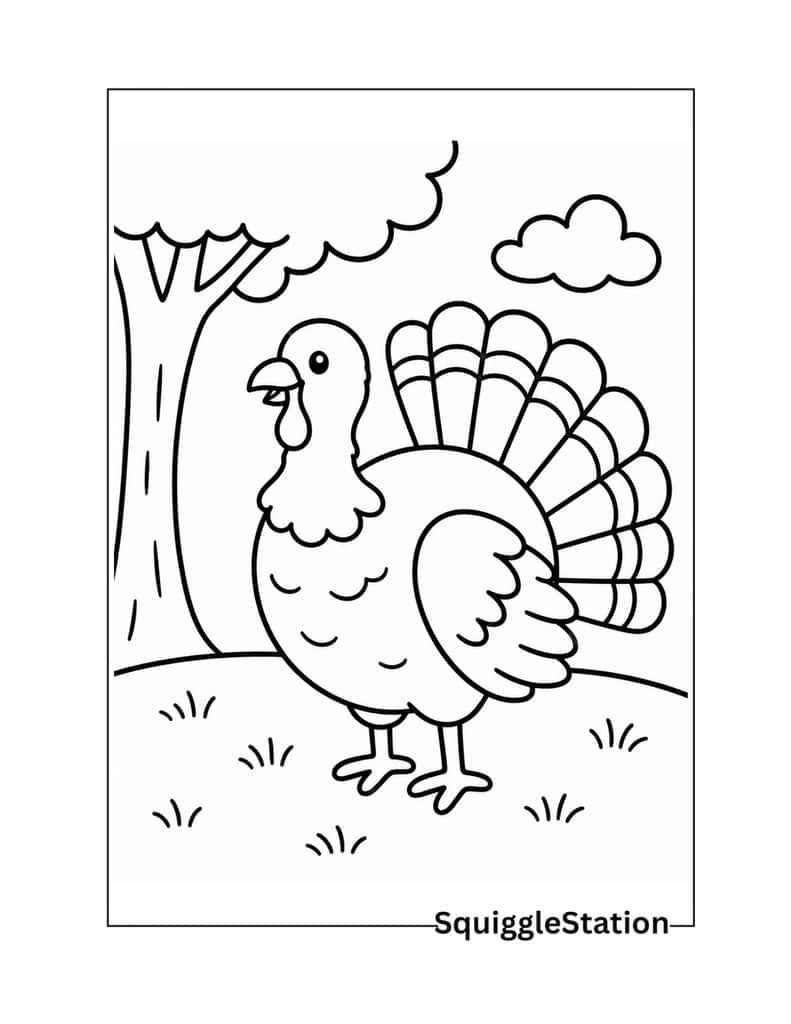 Free Printable Thanksgiving Turkey Coloring Pages (PDFs) 3 Simple Thanksgiving turkey coloring page with a large turkey, bold outlines, and easy fall details.