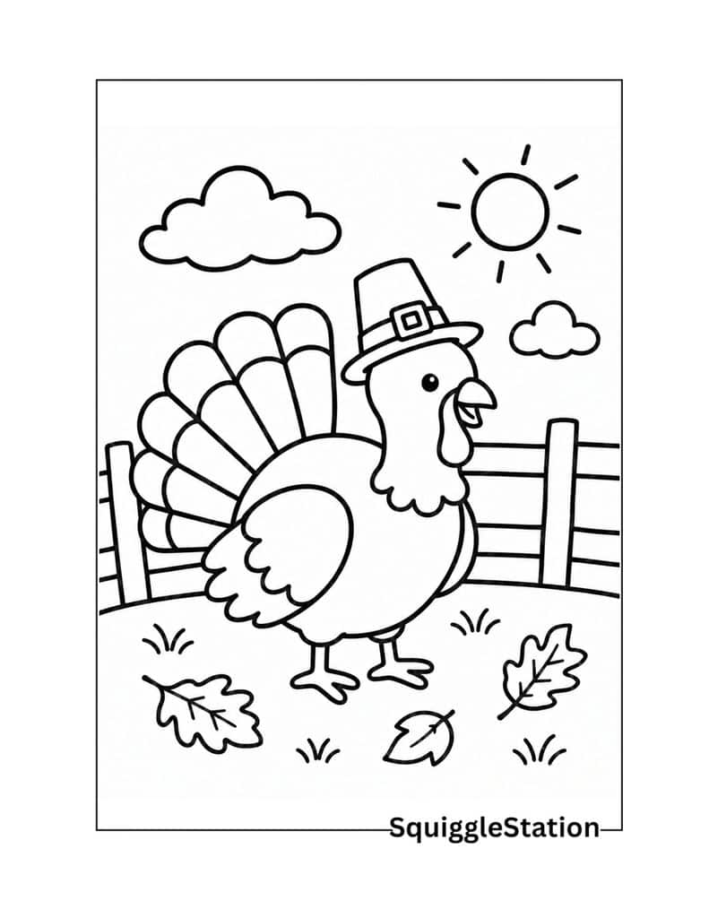 Free Printable Thanksgiving Turkey Coloring Pages (PDFs) 4 Thanksgiving turkey coloring page for kids with a cheerful turkey and simple autumn scenery.