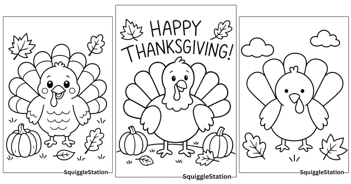 Free printable Thanksgiving turkey coloring pages for kids with cute and simple holiday turkey designs.