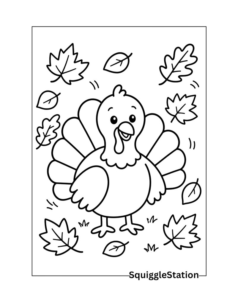 Free Printable Thanksgiving Turkey Coloring Pages (PDFs) 7 Turkey with fall leaves coloring page featuring a cute turkey surrounded by falling autumn leaves.