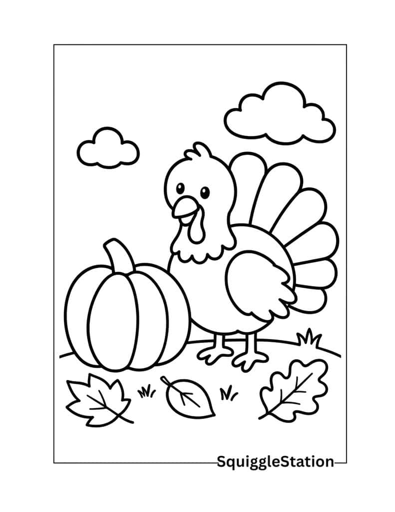 Free Printable Thanksgiving Turkey Coloring Pages (PDFs) 6 Turkey with pumpkin coloring page featuring a cute turkey beside a large autumn pumpkin.