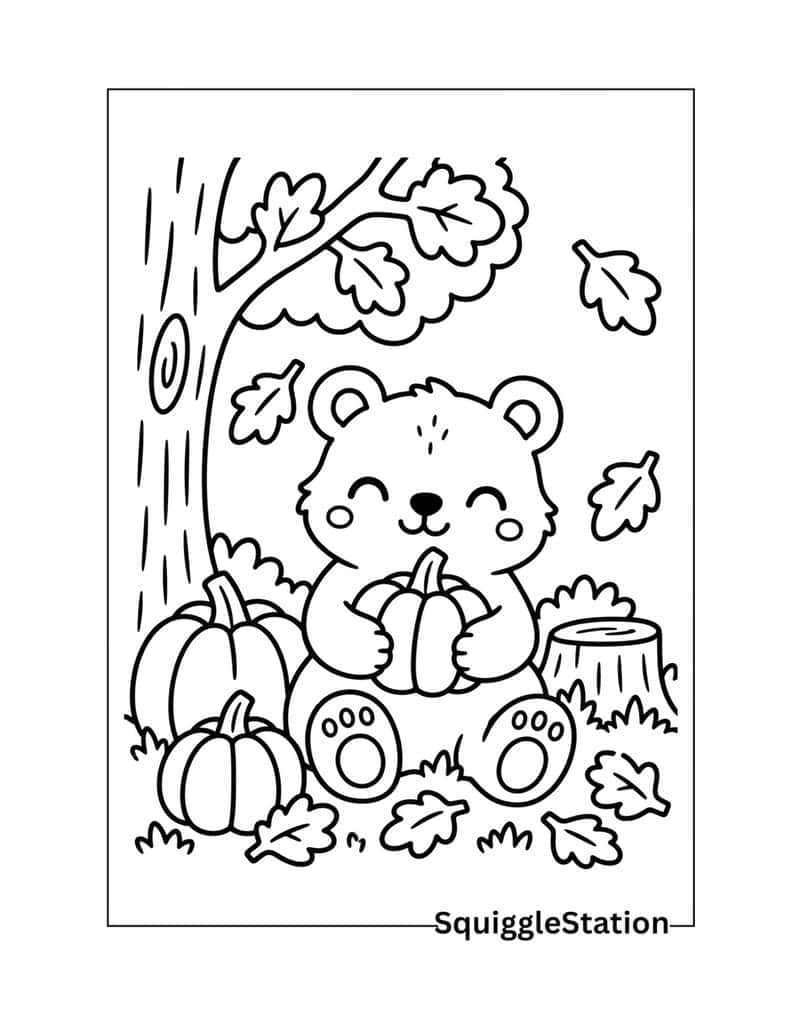 Thanksgiving Woodland Animals Coloring Pages (Cute Free Printables) 4 Thanksgiving bear coloring page with a cute woodland bear surrounded by pumpkins and fall leaves