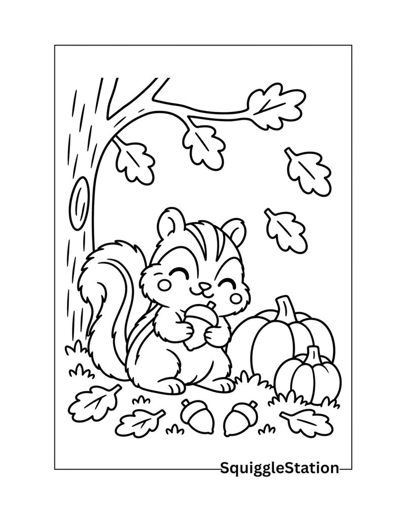 Thanksgiving Woodland Animals Coloring Pages (Cute Free Printables) 9 Thanksgiving chipmunk coloring page with a cute chipmunk, acorns, pumpkins, and autumn leaves