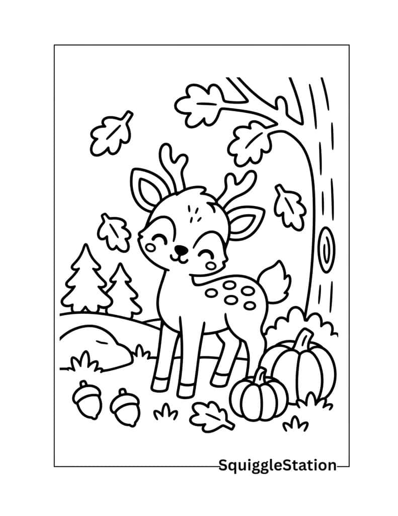 Thanksgiving Woodland Animals Coloring Pages (Cute Free Printables) 5 Thanksgiving deer coloring page with a cute woodland deer, pumpkins, acorns, and autumn leaves