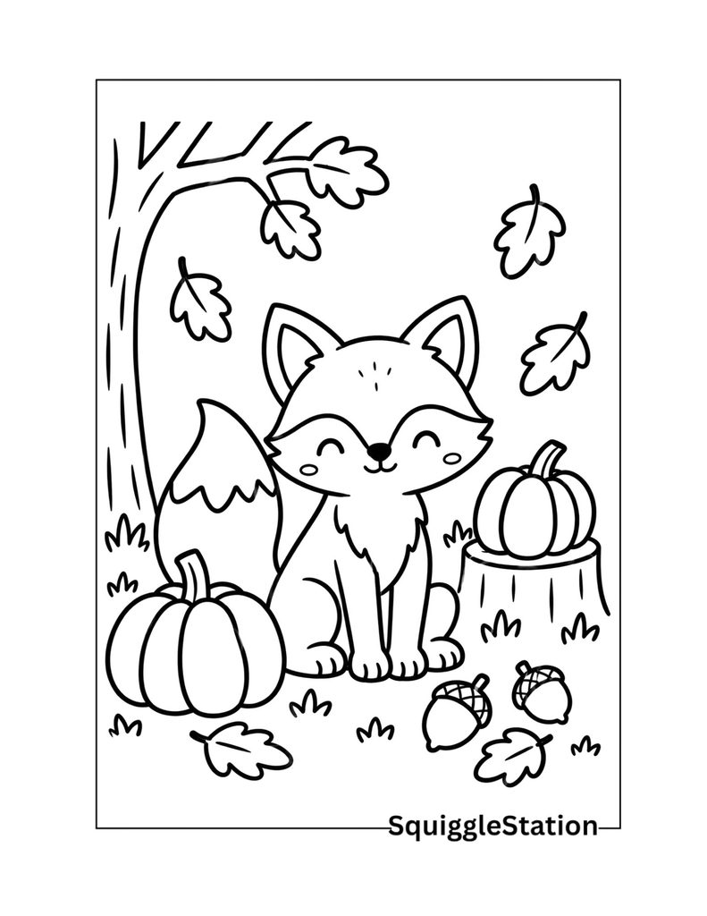 Thanksgiving Woodland Animals Coloring Pages (Cute Free Printables) 2 Thanksgiving fox coloring page with a cute fox, pumpkins, and autumn leaves