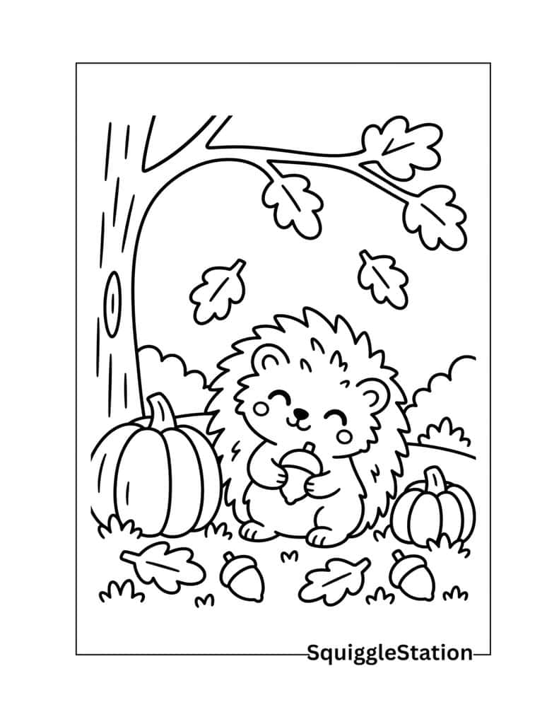 Thanksgiving Woodland Animals Coloring Pages (Cute Free Printables) 7 Thanksgiving hedgehog coloring page with a cute hedgehog, pumpkins, acorns, and autumn leaves