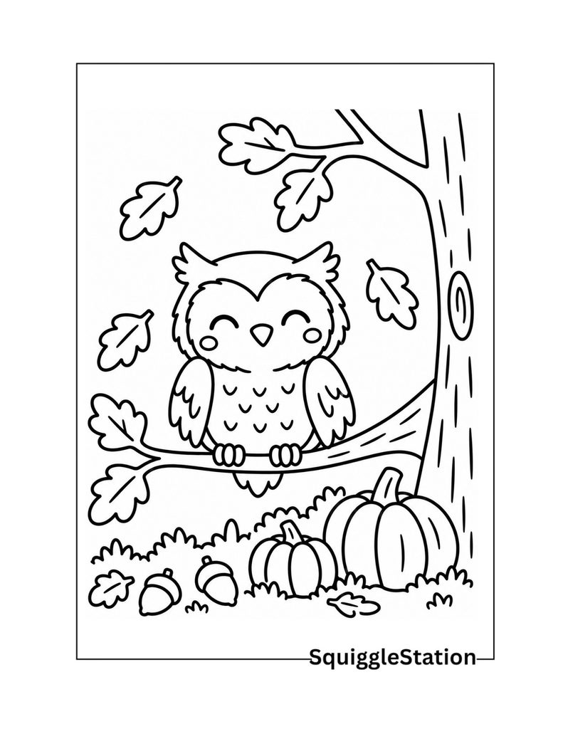 Thanksgiving Woodland Animals Coloring Pages (Cute Free Printables) 8 Thanksgiving owl coloring page with a cute woodland owl, pumpkins, acorns, and fall leaves