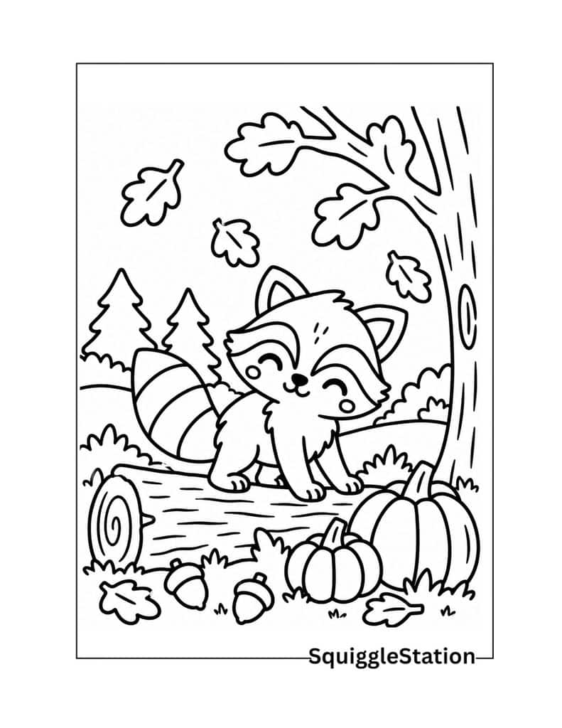 Thanksgiving Woodland Animals Coloring Pages (Cute Free Printables) 6 Thanksgiving raccoon coloring page with a cute raccoon, pumpkins, acorns, and fall leaves