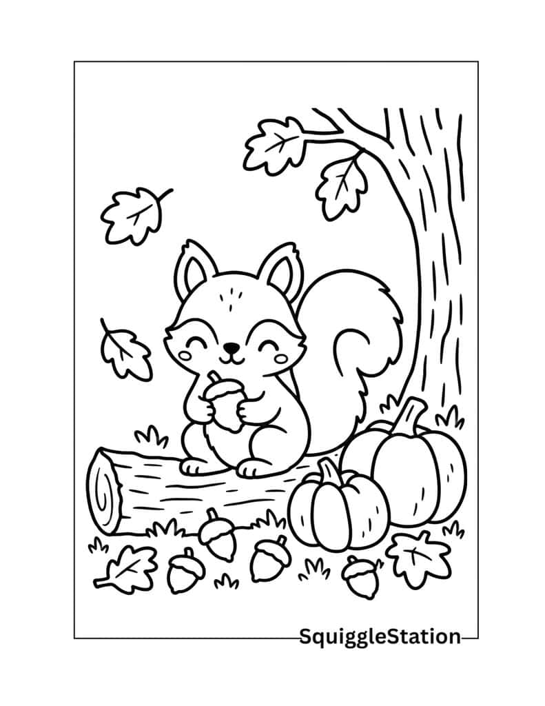 Thanksgiving Woodland Animals Coloring Pages (Cute Free Printables) 3 Thanksgiving squirrel coloring page with a cute squirrel, acorns, pumpkins, and fall leaves