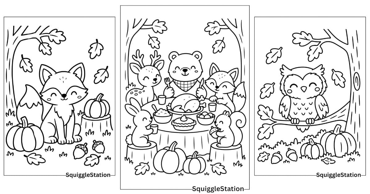 Thanksgiving Woodland Animals Coloring Pages (Cute Free Printables) 1 Cute Thanksgiving woodland animals coloring pages with forest animals, pumpkins, fall leaves, and acorns