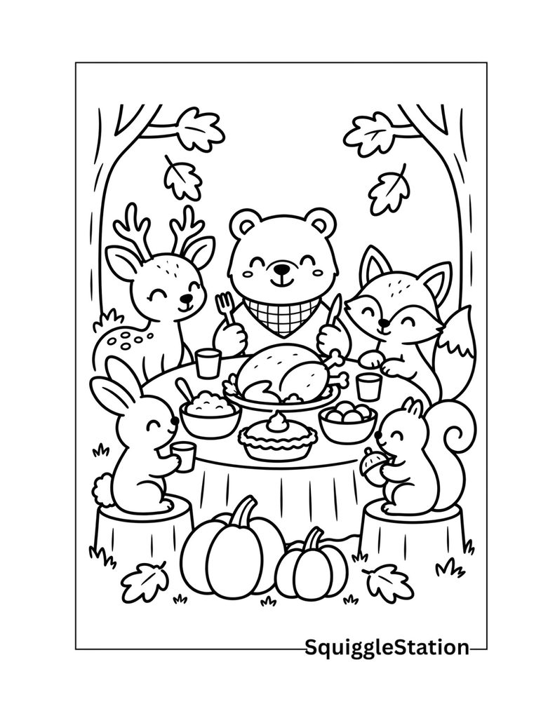 Thanksgiving Woodland Animals Coloring Pages (Cute Free Printables) 11 Woodland animals Thanksgiving feast coloring page with cute forest animals sharing a fall meal