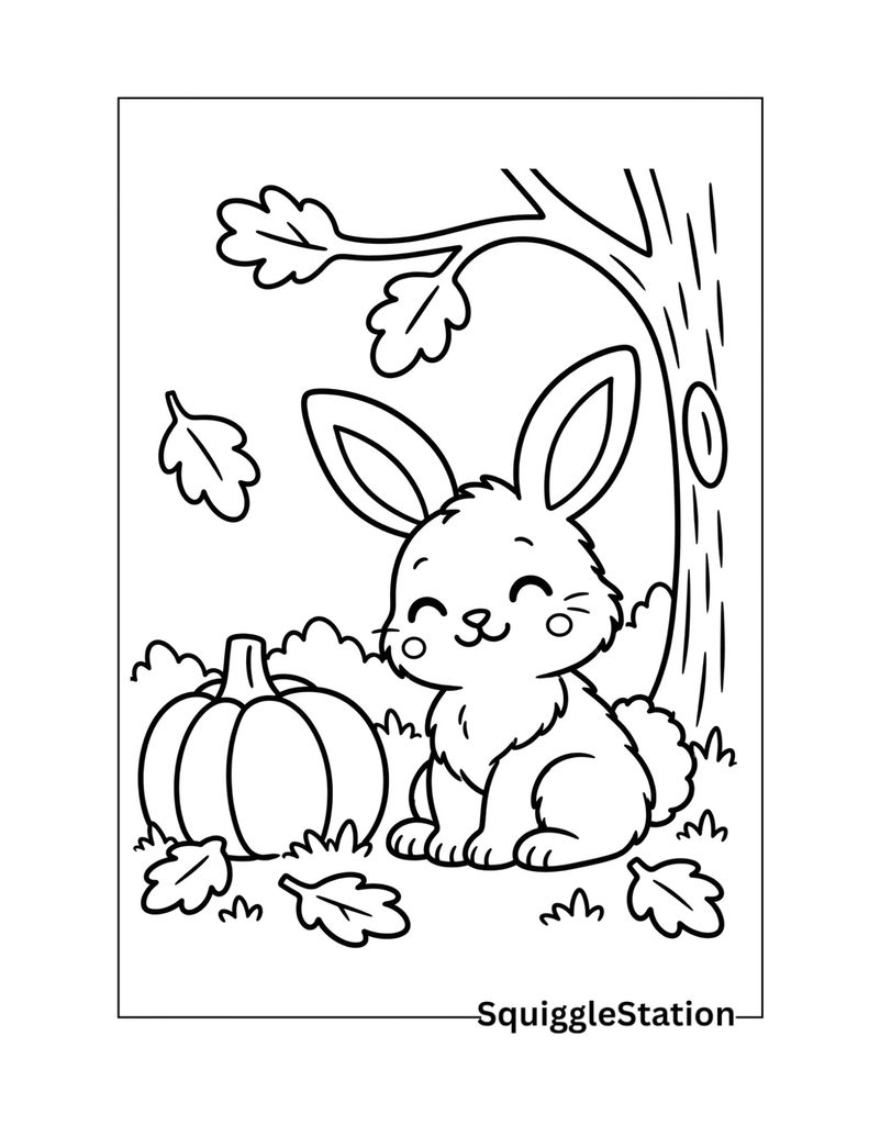 Thanksgiving Woodland Animals Coloring Pages (Cute Free Printables) 10 Cute woodland bunny Thanksgiving coloring page with a pumpkin and autumn leaves