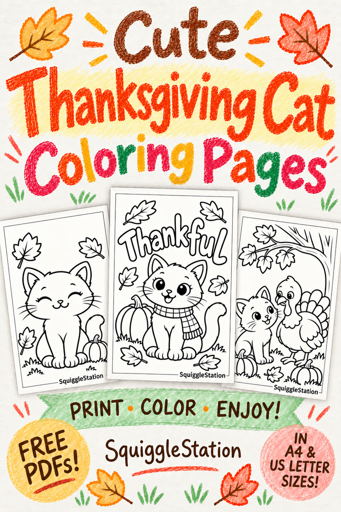 Cute Thanksgiving cat coloring pages for kids with pumpkins, fall leaves, and Thanksgiving scenes.