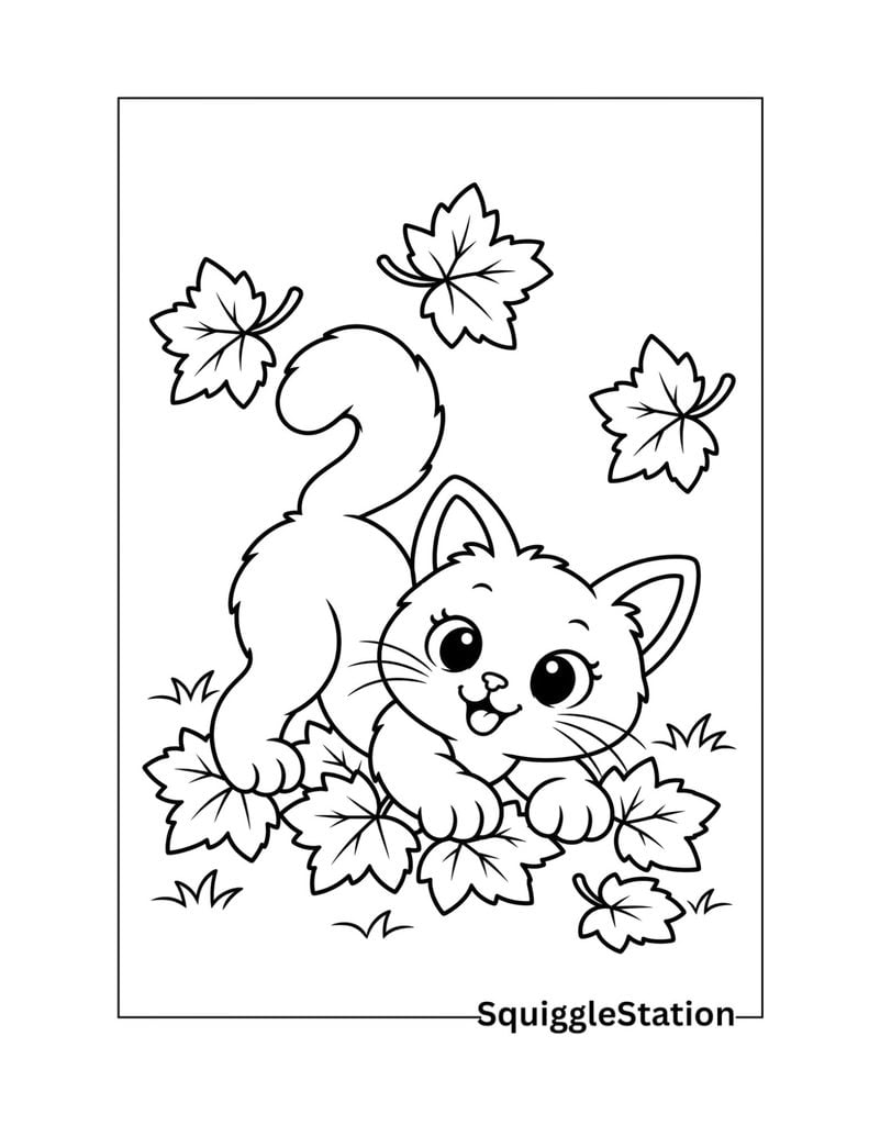 Cat playing in fall leaves coloring page for kids.