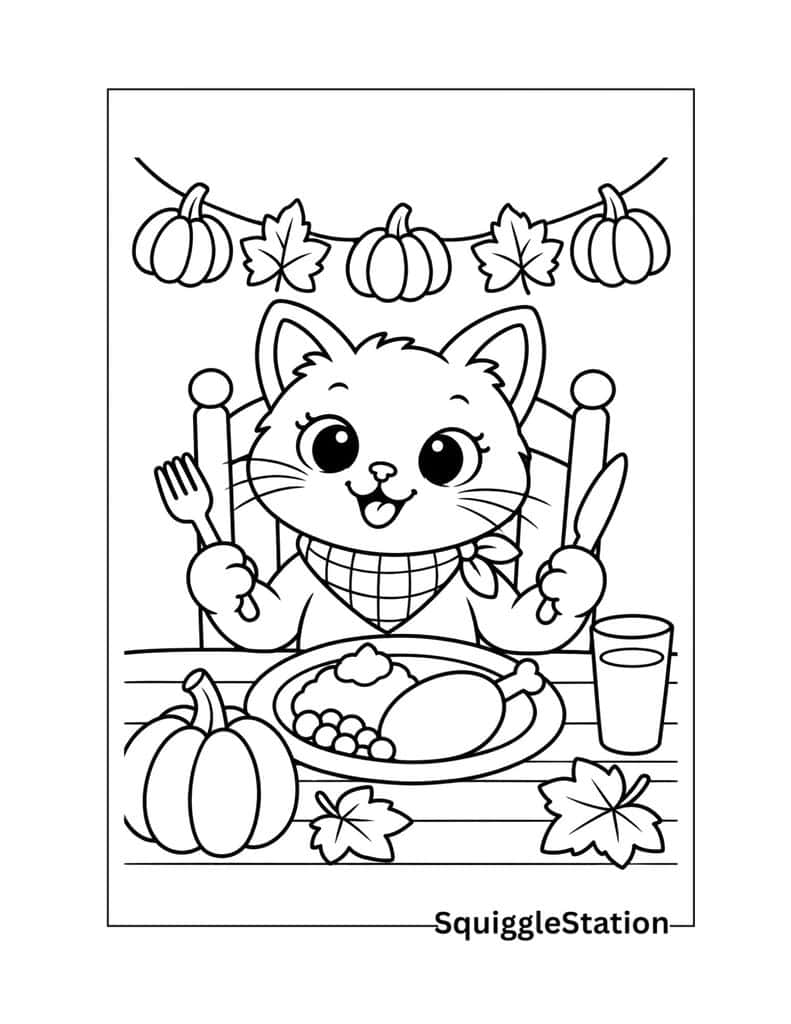 Cat Thanksgiving dinner coloring page with holiday food.
