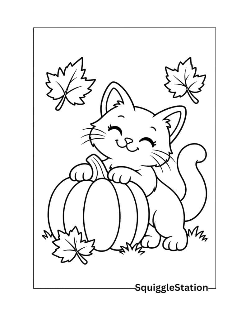 Cat with pumpkin coloring page for Thanksgiving and fall.