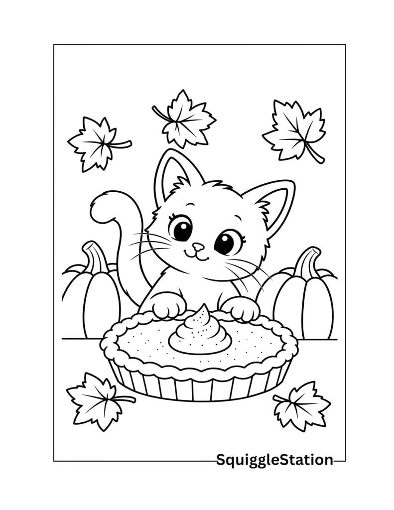 Cute cat with pumpkin pie Thanksgiving coloring page.