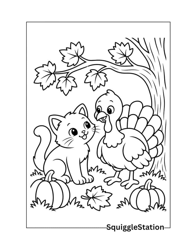 Thanksgiving cat with turkey coloring page for kids.