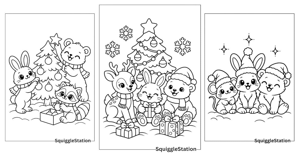 Cute Christmas animals coloring pages featuring adorable animal friends with Santa hats, Christmas trees, presents, and festive holiday decorations.