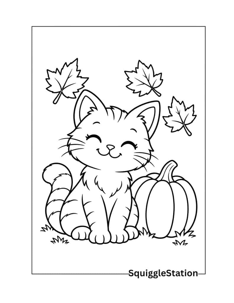 Cute Thanksgiving cat coloring page with a cat, pumpkin, and fall leaves.