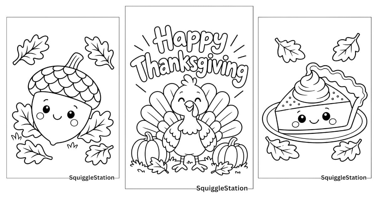 Cute Thanksgiving coloring pages for kids with adorable free printable holiday designs.