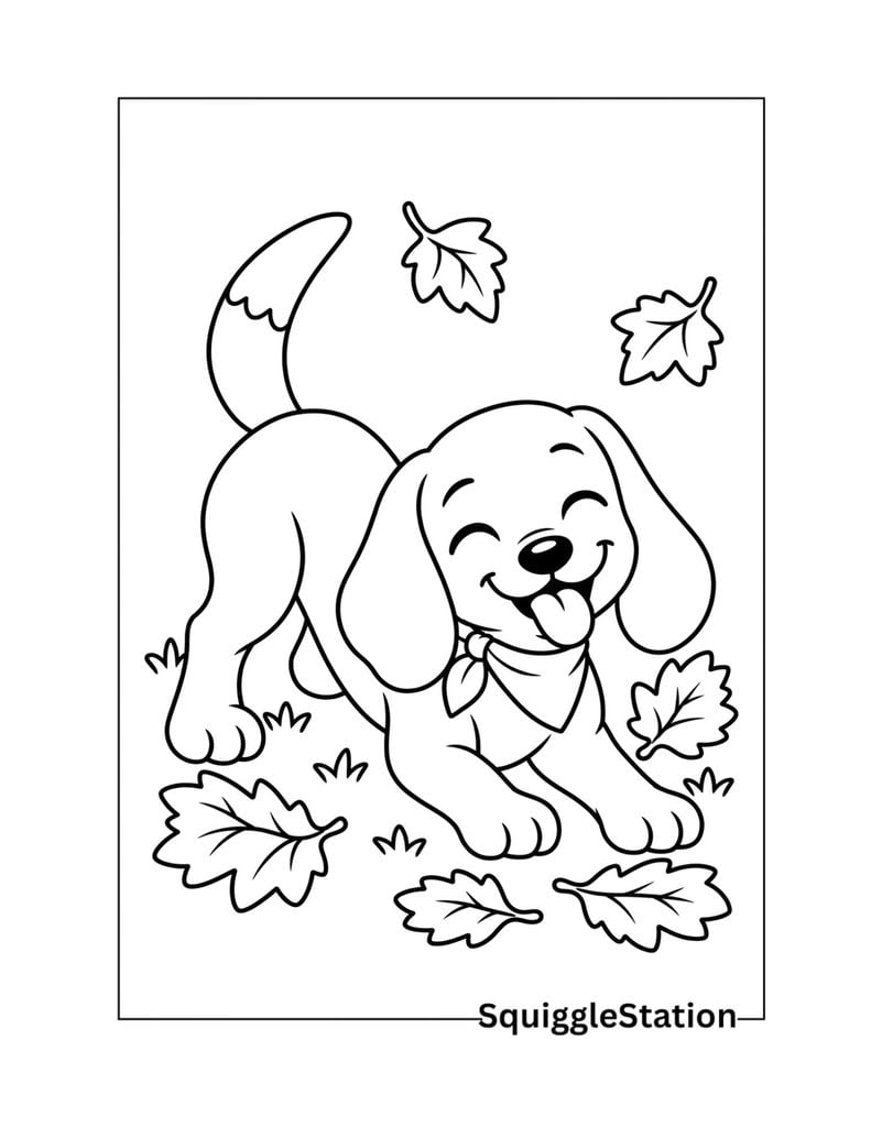 Dog with fall leaves coloring page featuring a smiling puppy sitting among scattered autumn leaves.
