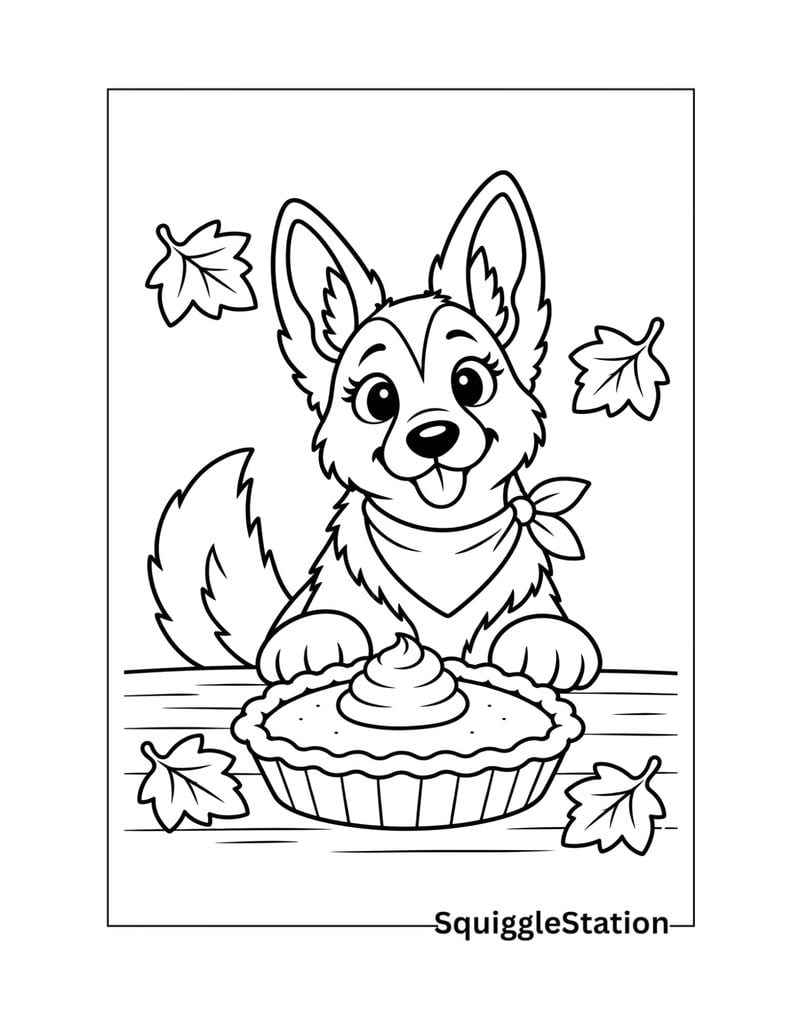 Dog with pumpkin pie coloring page showing a happy puppy sitting beside a Thanksgiving pumpkin pie on a table.
