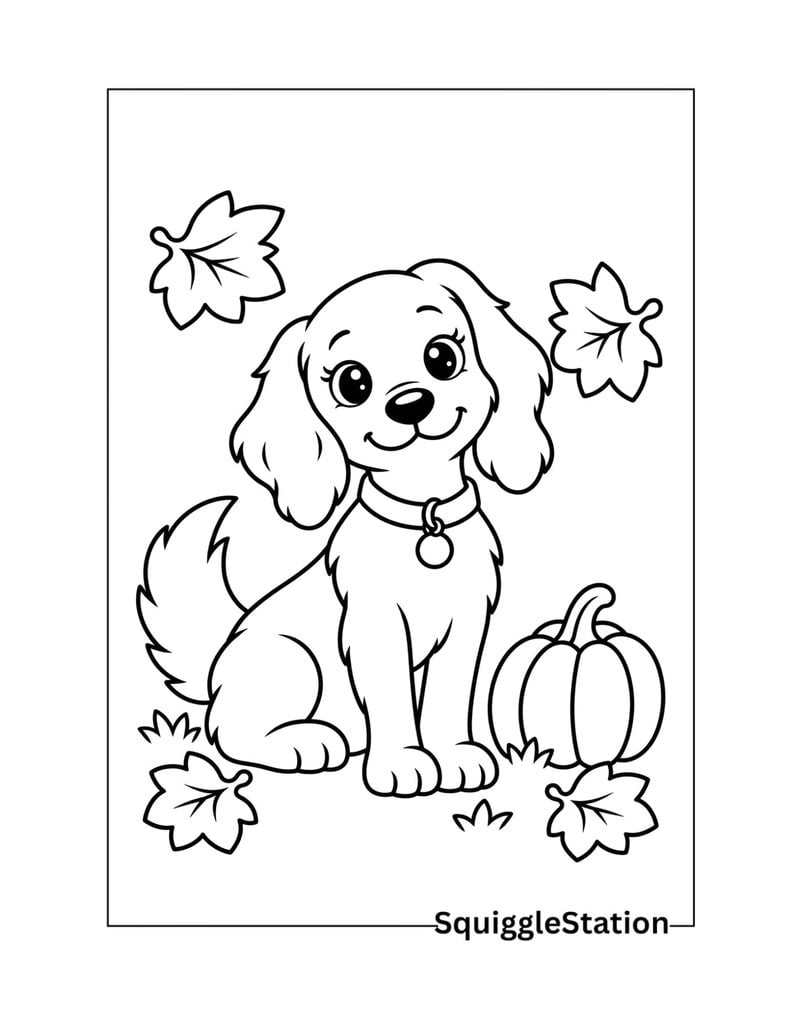 Easy Thanksgiving dog coloring page featuring a smiling puppy beside one simple pumpkin with thick outlines.