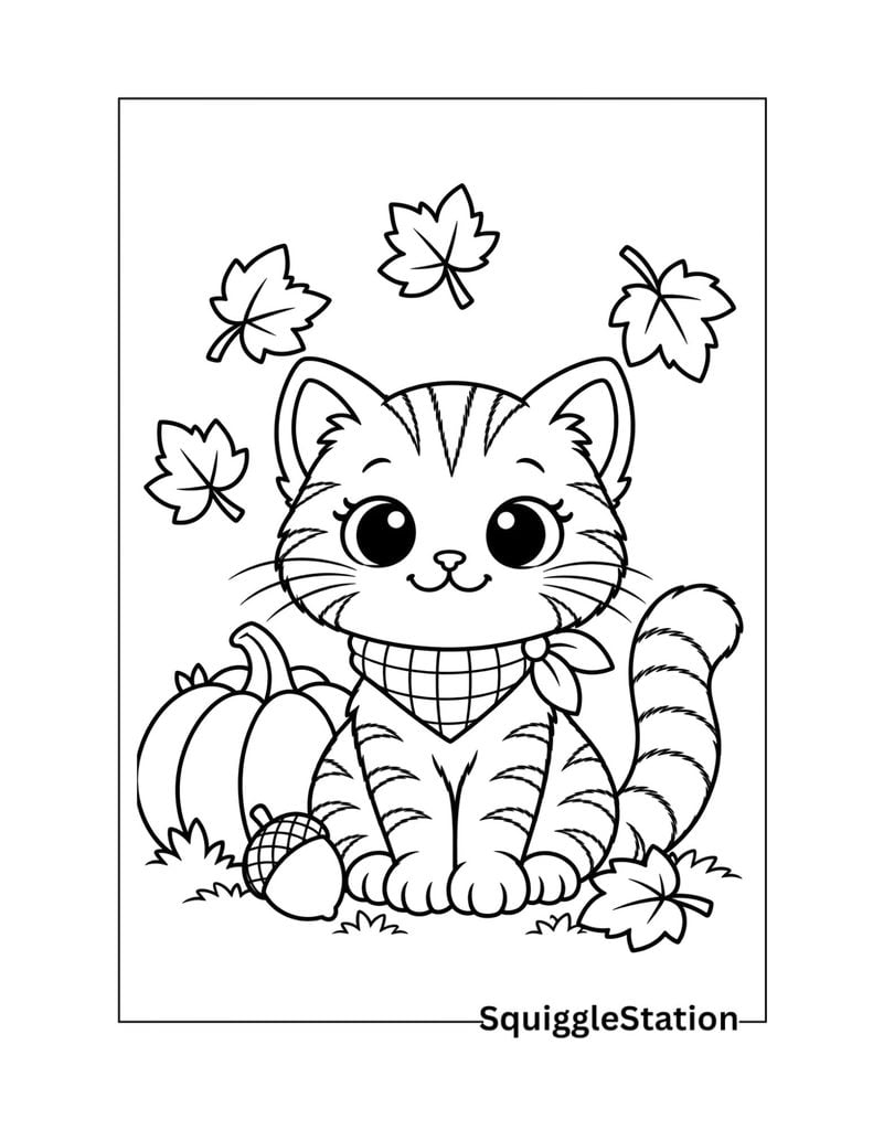 Kawaii Thanksgiving cat coloring page with pumpkin and fall leaves.