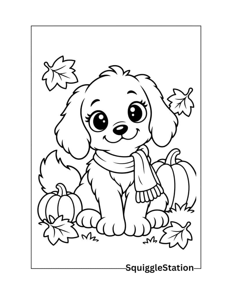 Kawaii Thanksgiving dog coloring page featuring an adorable round-faced puppy with big eyes wearing a fall scarf.