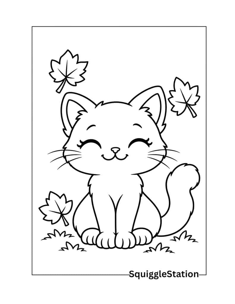 Simple Thanksgiving cat coloring page for preschool and kindergarten kids.