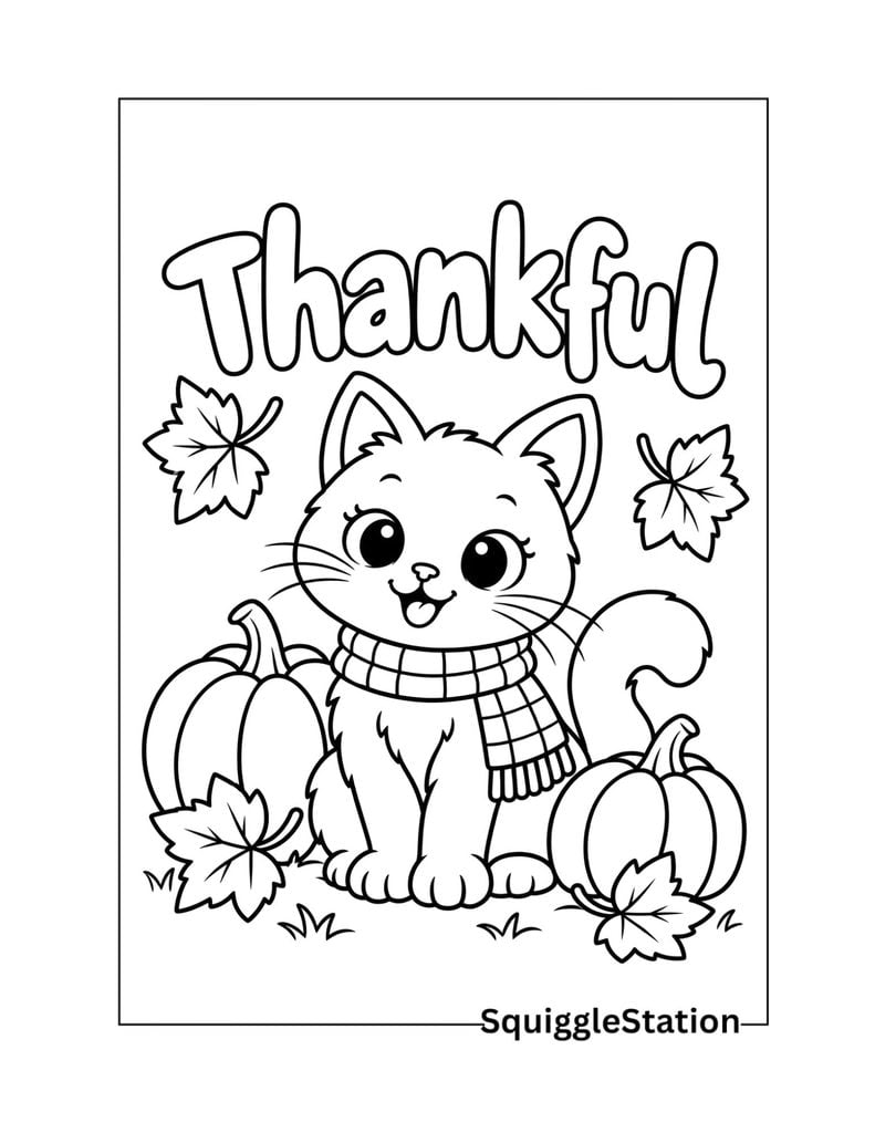 Thankful cat Thanksgiving coloring page with pumpkins.