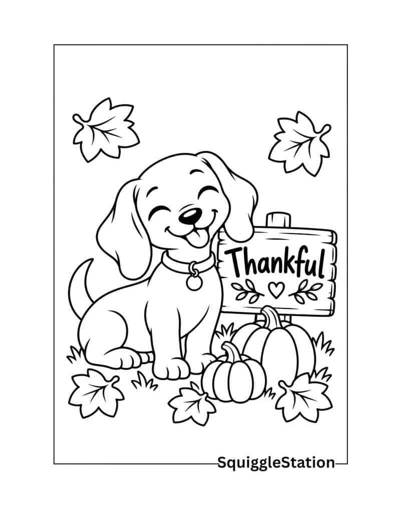 Thankful dog coloring page featuring a smiling puppy sitting beside a sign with the word Thankful.
