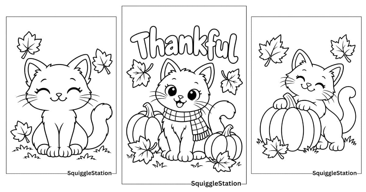 Thanksgiving Cat Coloring Pages (Cute Free Printable PDFs for Kids)