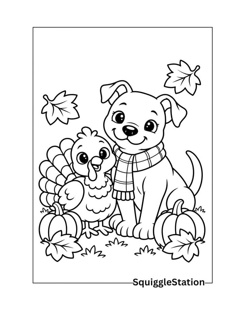 Thanksgiving dog and turkey coloring page featuring a friendly puppy sitting beside a cute smiling turkey.