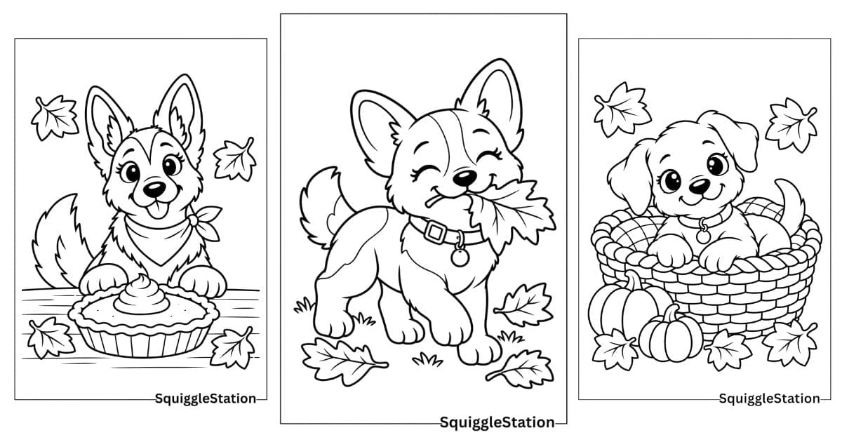 Cute Thanksgiving dog coloring pages featuring adorable puppies, pumpkins, fall leaves, and free printable holiday coloring sheets for kids.