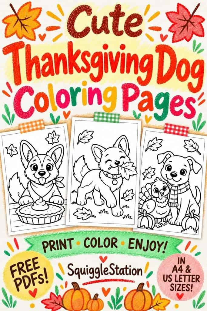  Pinterest image featuring cute Thanksgiving dog coloring pages with puppies, pumpkins, and turkeys, advertising free printable PDFs in A4 and US Letter sizes.
