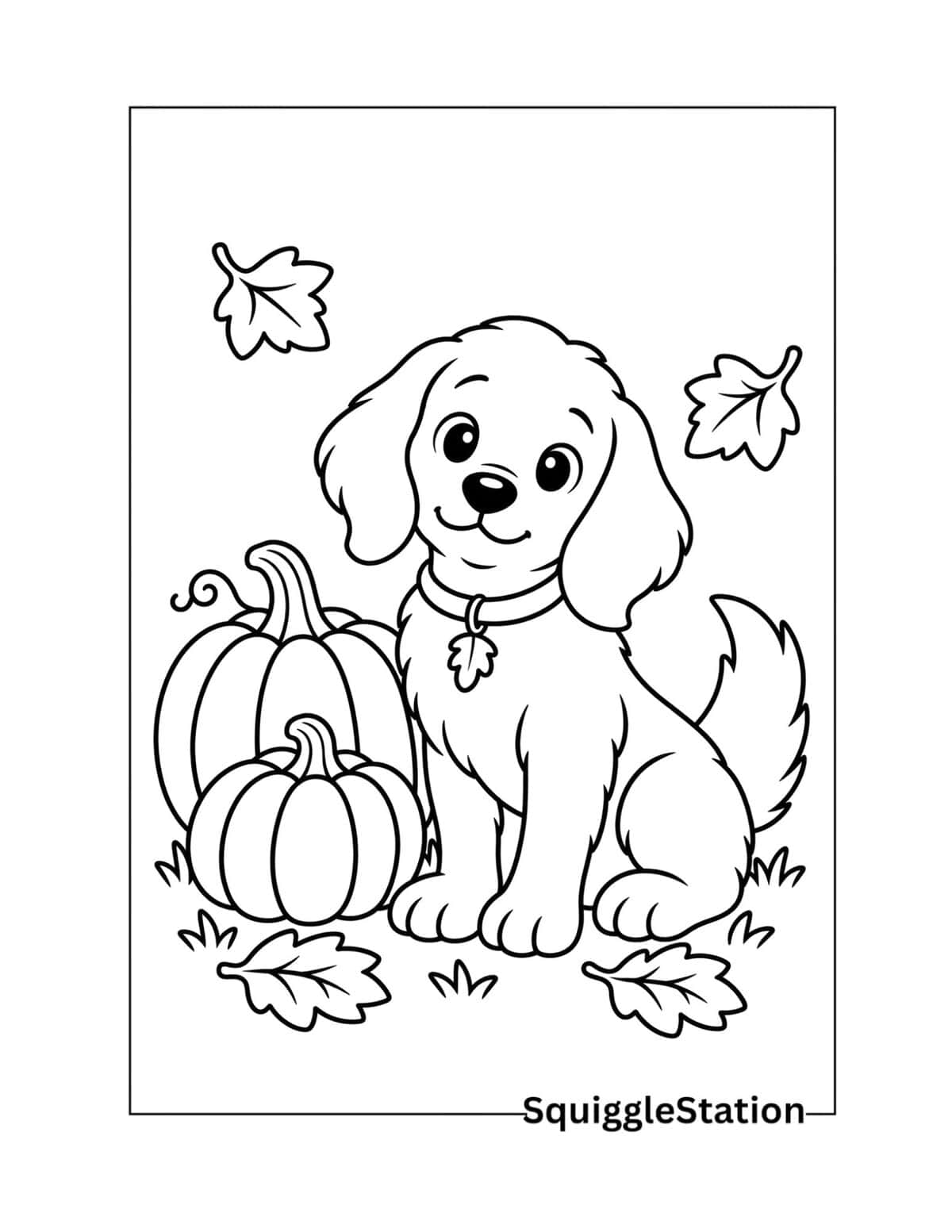 Thanksgiving dog with pumpkins coloring page featuring a cute puppy sitting beside two pumpkins of different sizes.