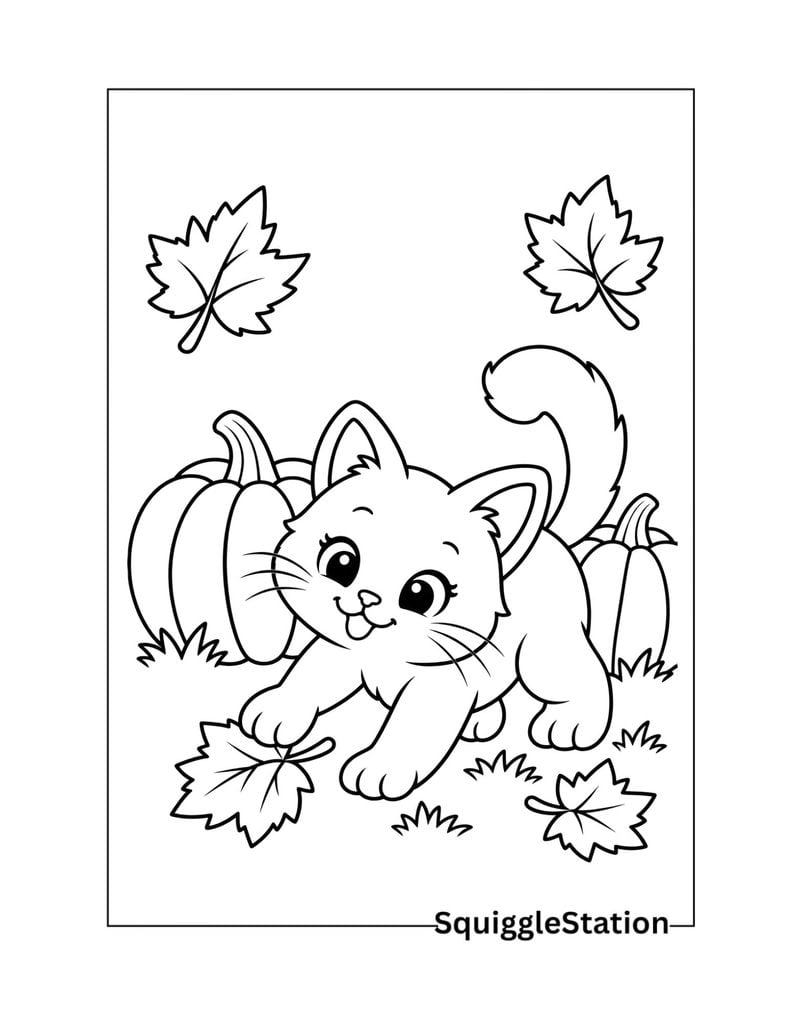 Cute Thanksgiving kitten coloring page with pumpkins and fall leaves.