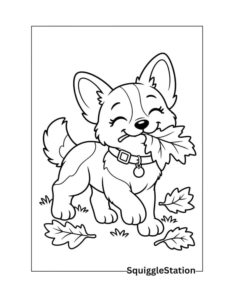 Thanksgiving puppy coloring page showing a playful little dog carrying a fall leaf in its mouth.