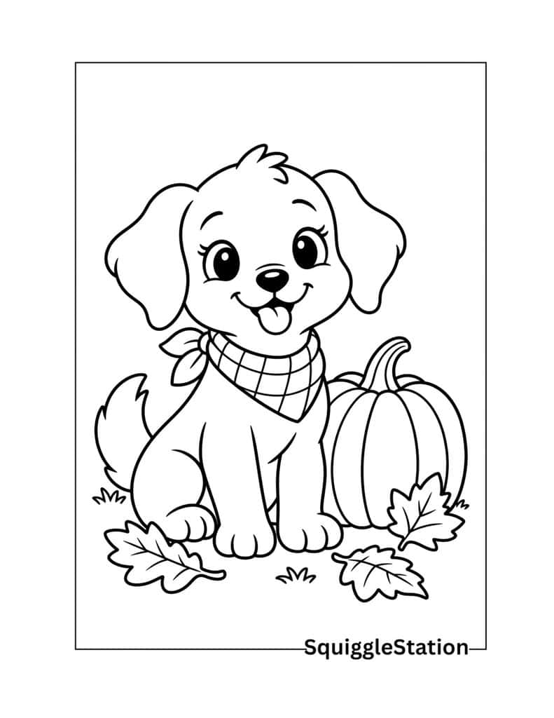 Cute Thanksgiving dog coloring page featuring a happy puppy sitting beside a pumpkin with autumn leaves.